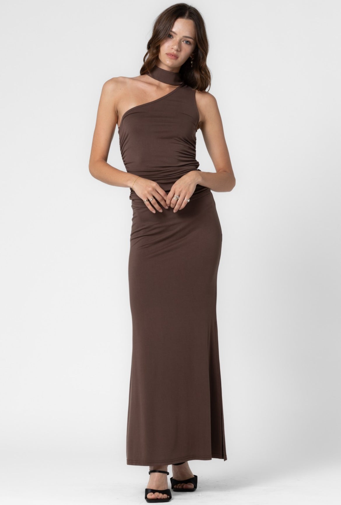 Mock Neck Top and Long Skirt Set in Brown