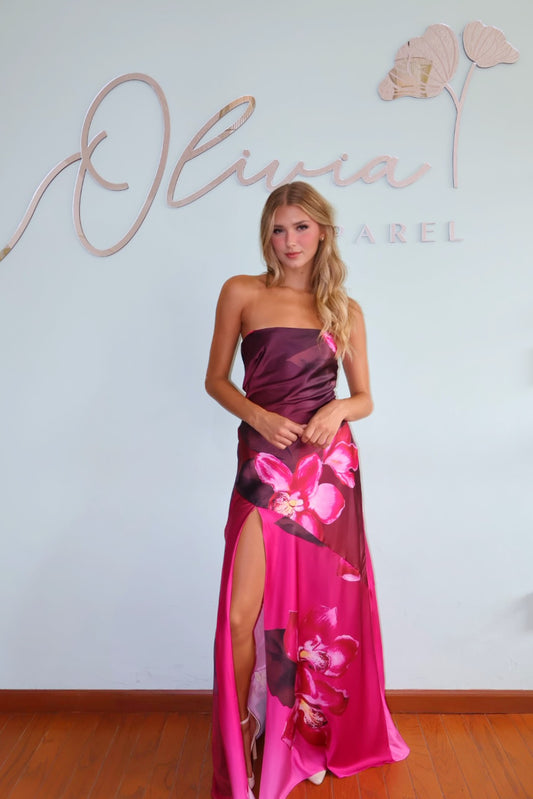 Strapless Floral Satin Dress in Pink