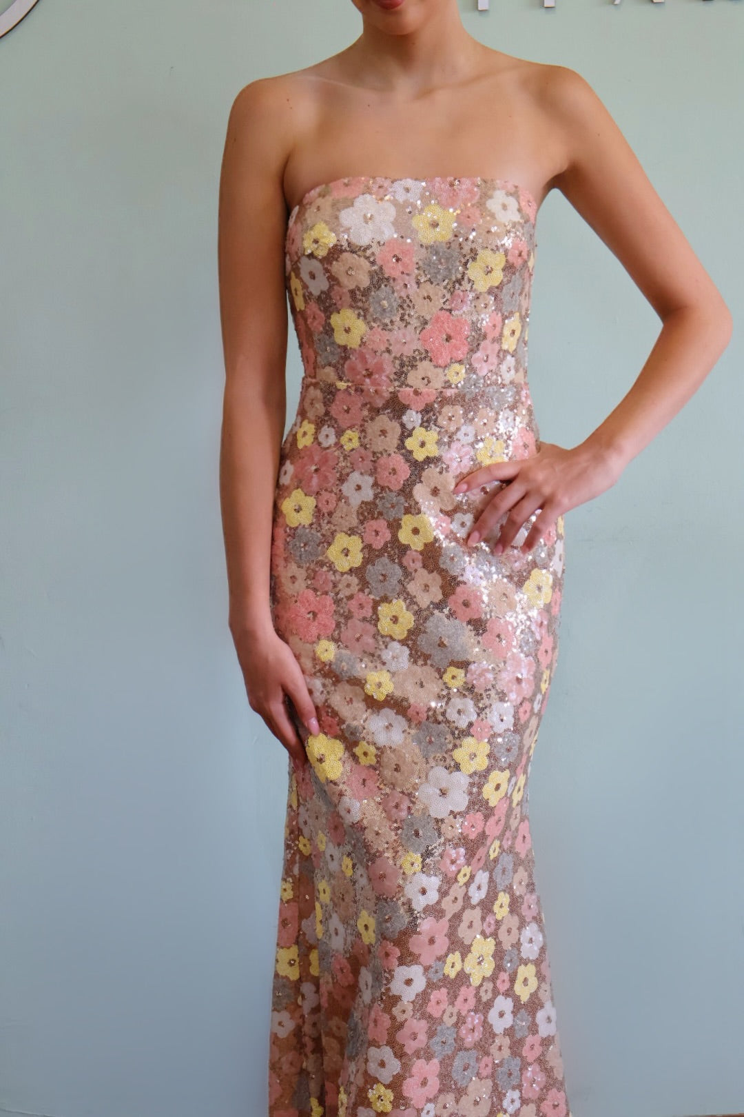 Strapless Flower Sequin Gown