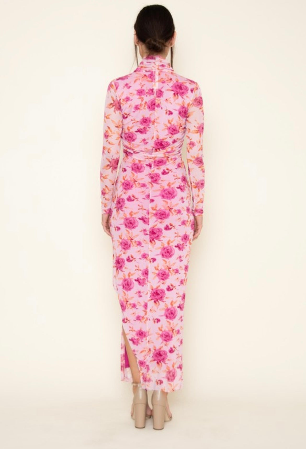 Mesh Turtleneck Flower Dress in Pink