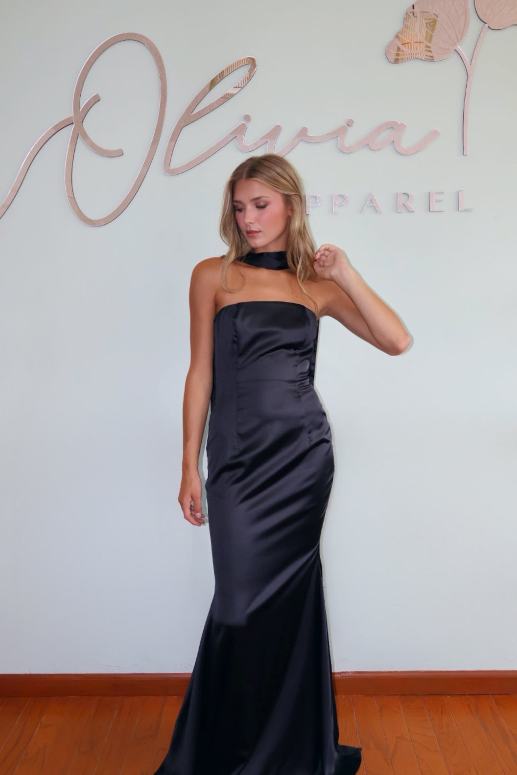 Strapless Satin Dress with Scarf in Black