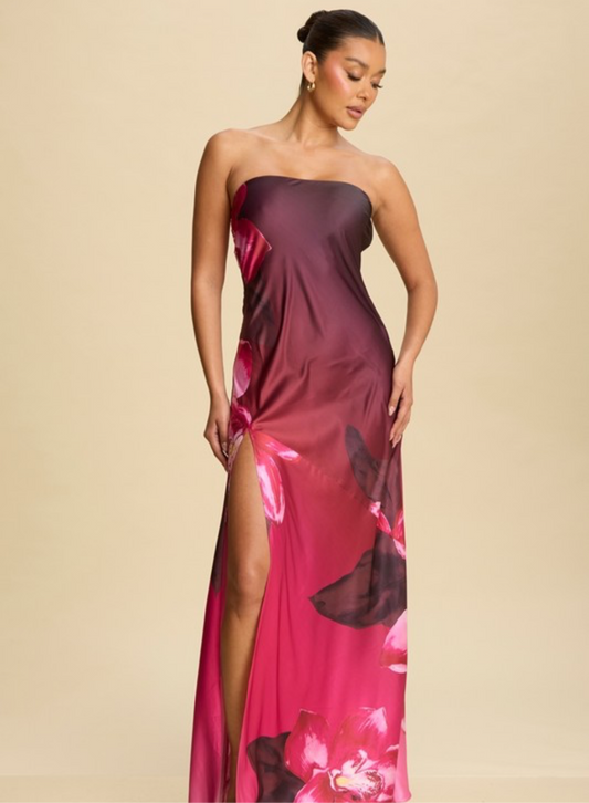Strapless Floral Satin Dress in Pink