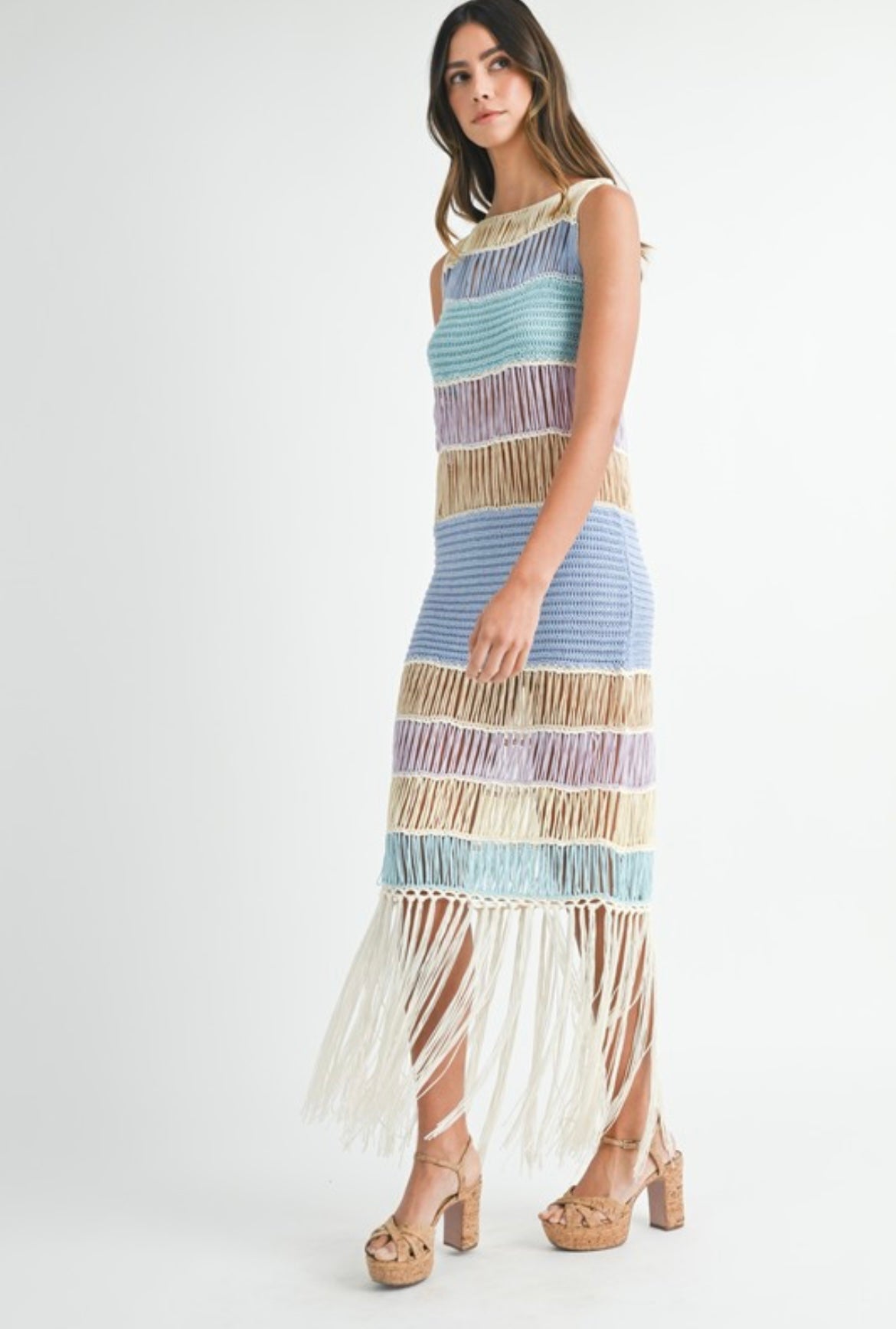 Fringed Crochet Dress in Blue