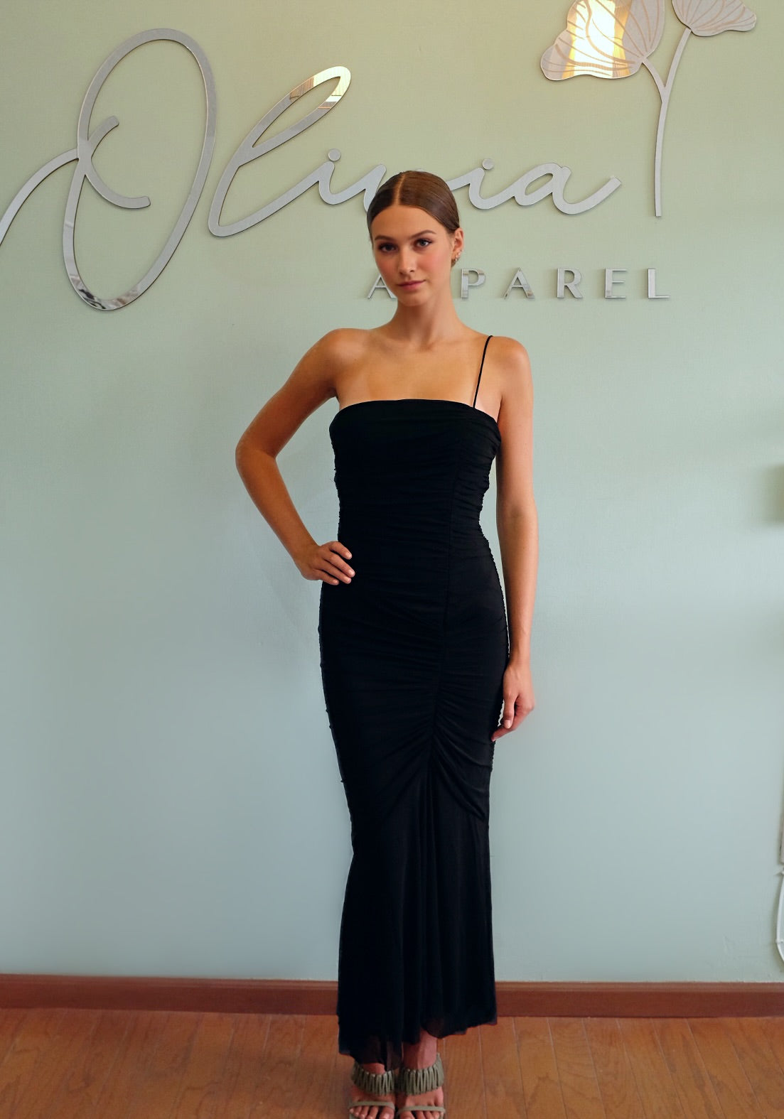 One Shoulder Ruched Dress in Black