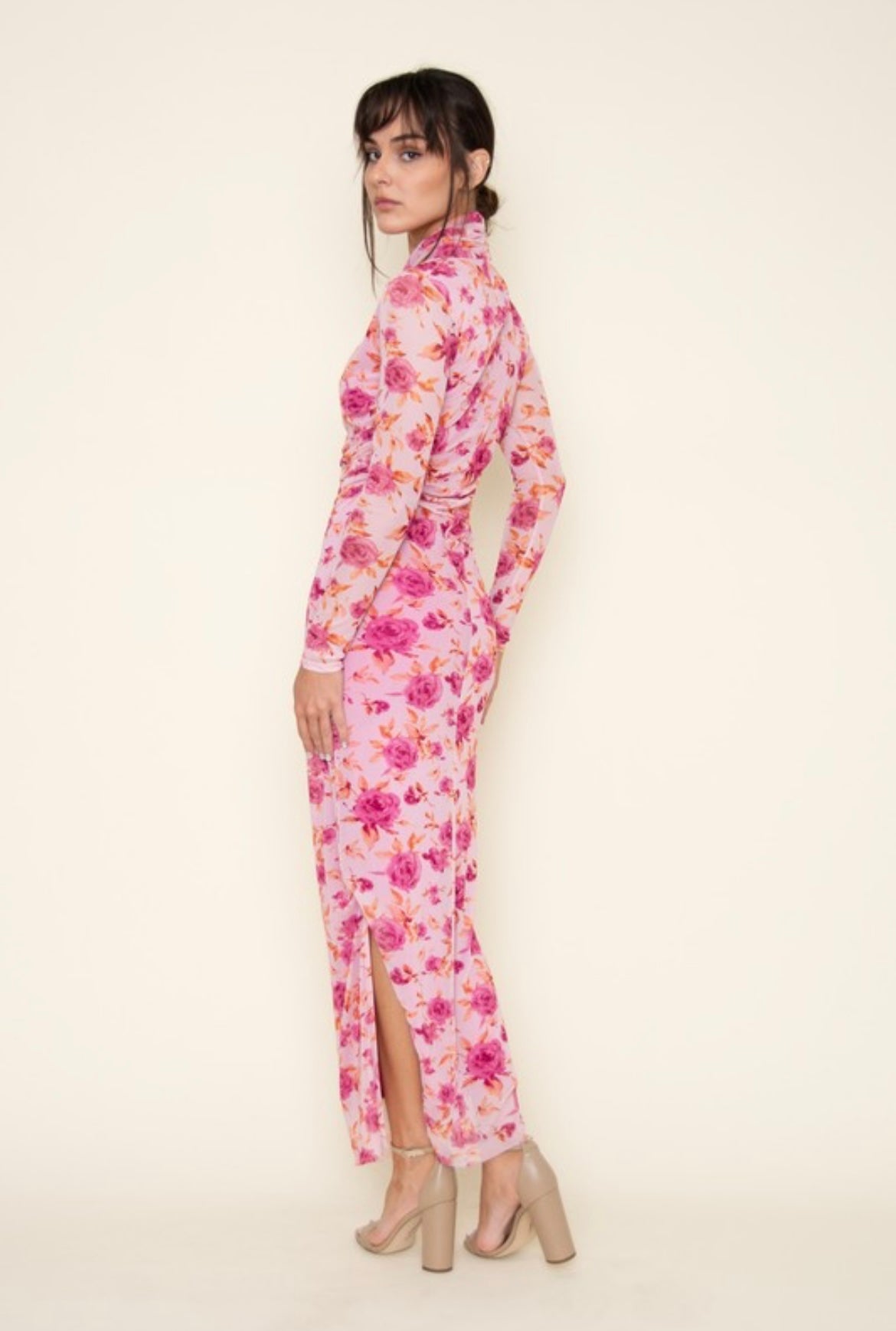 Mesh Turtleneck Flower Dress in Pink