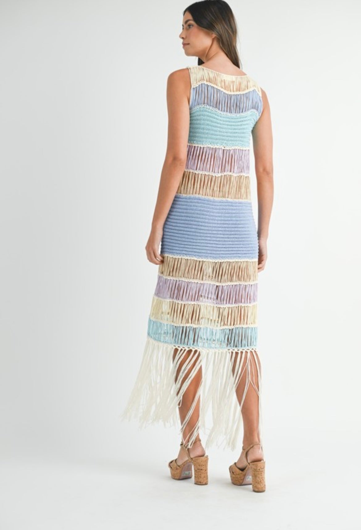 Fringed Crochet Dress in Blue