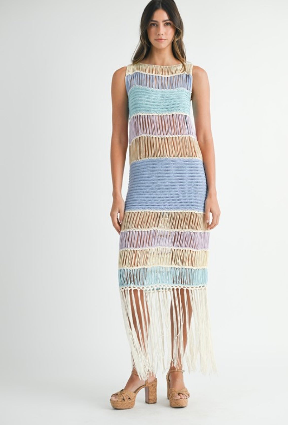 Fringed Crochet Dress in Blue