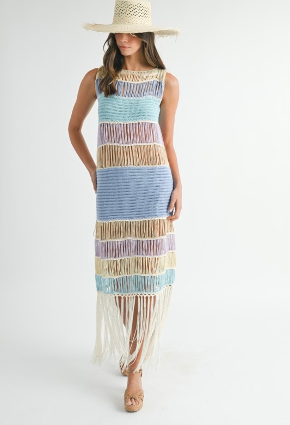 Fringed Crochet Dress in Blue