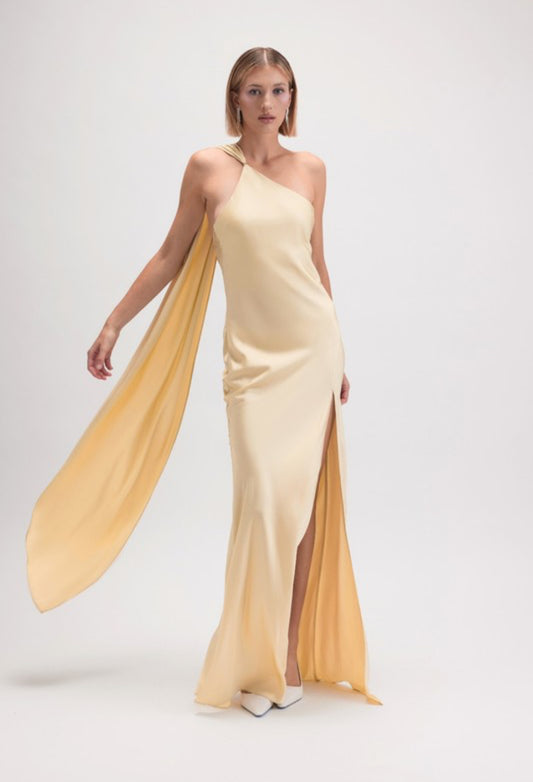 Assymetric Scarf Dress in Butter Yellow