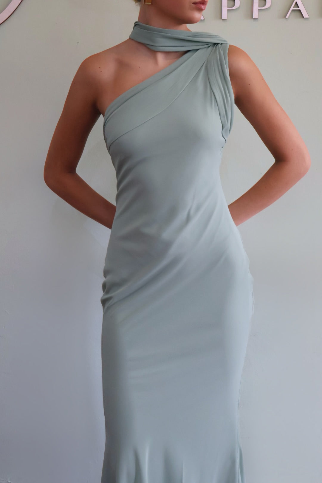 One Shoulder Gown in Sage
