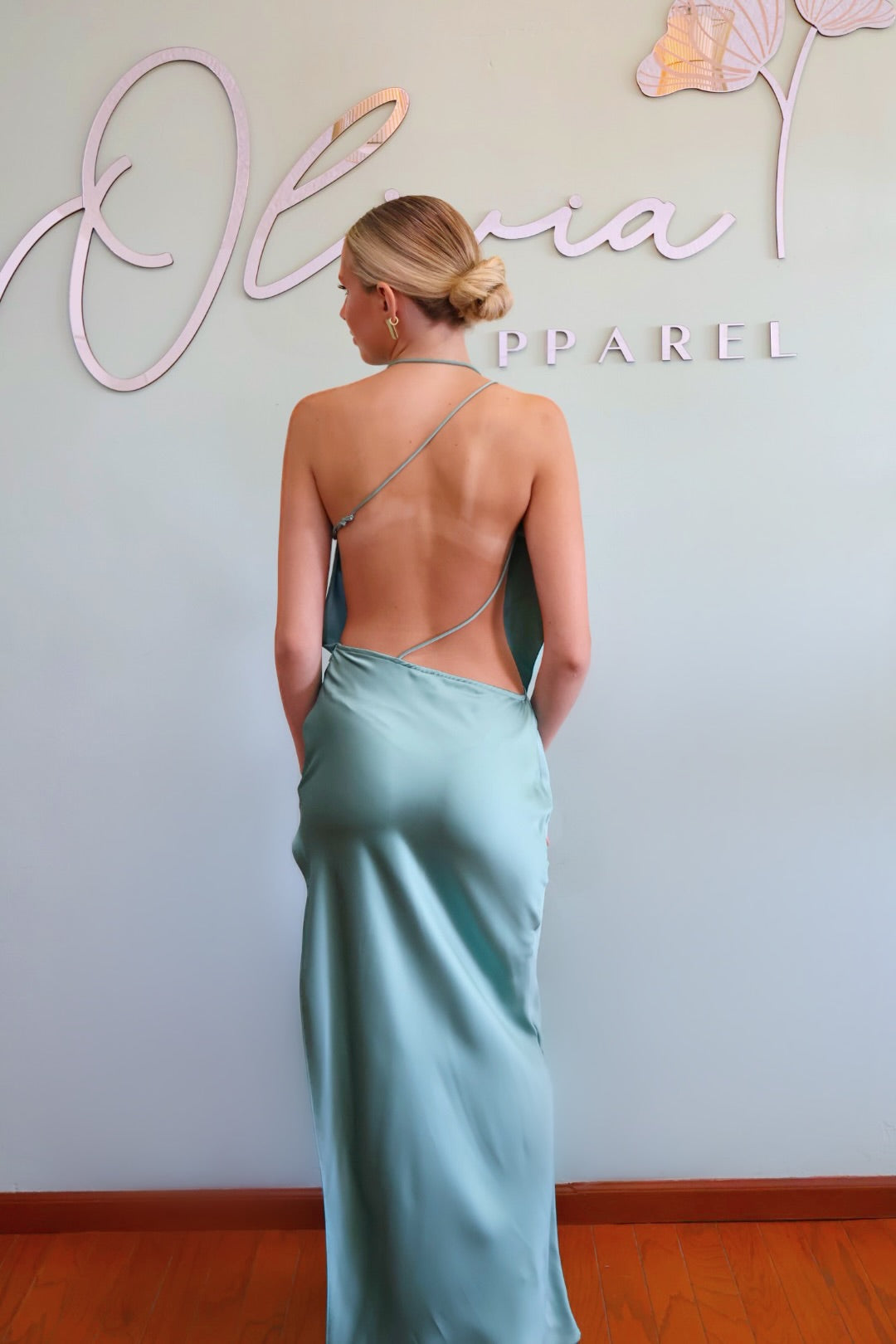 Backless Satin Dress in Sage