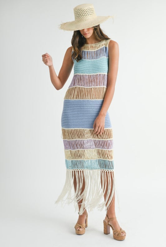 Fringed Crochet Dress in Blue