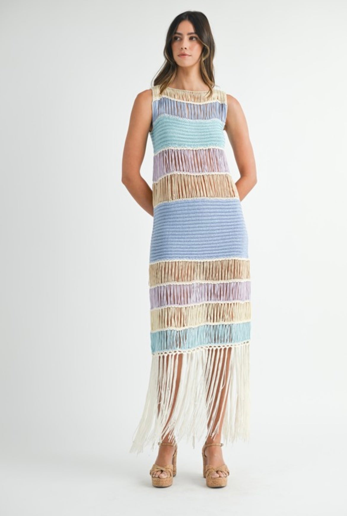Fringed Crochet Dress in Blue