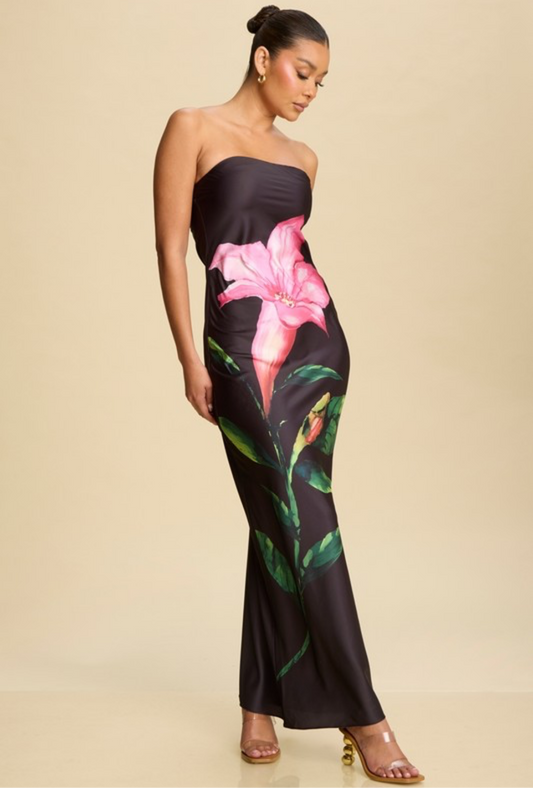 Satin Strapless Floral Dress in Black