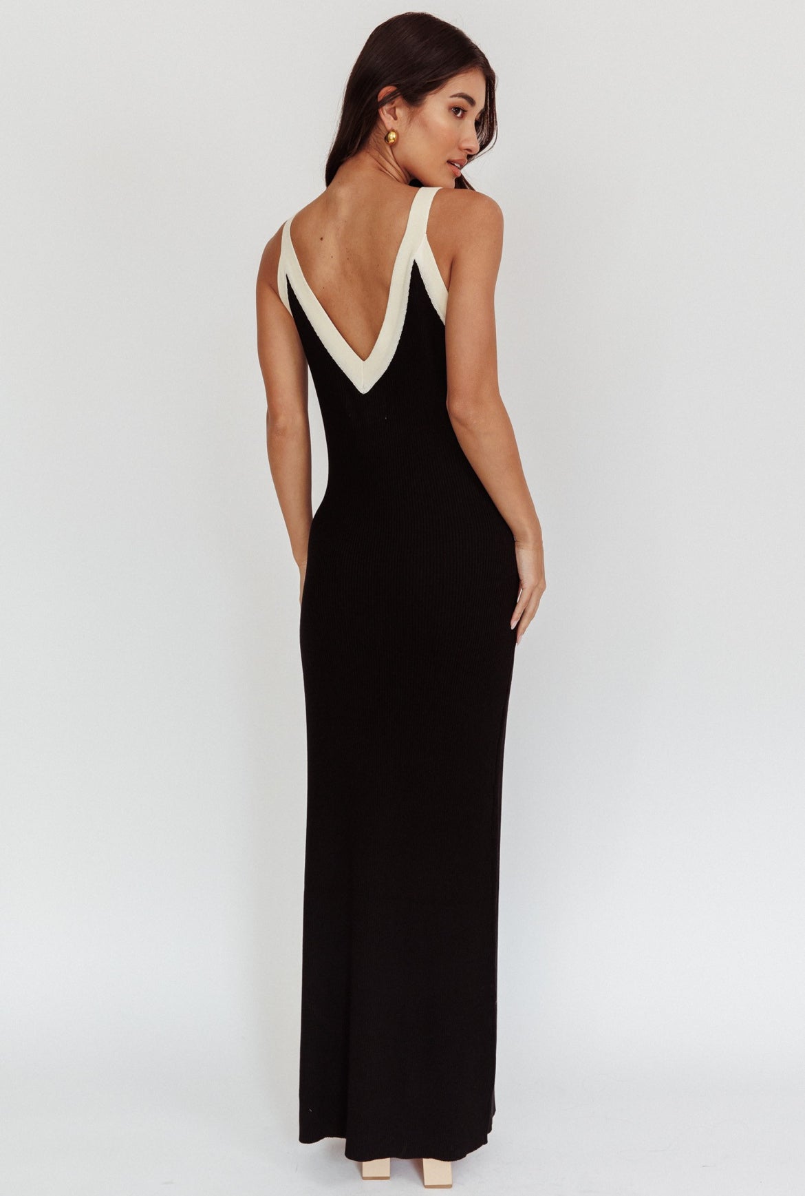 Two Tone Knit Maxi Dress Beige Stripe