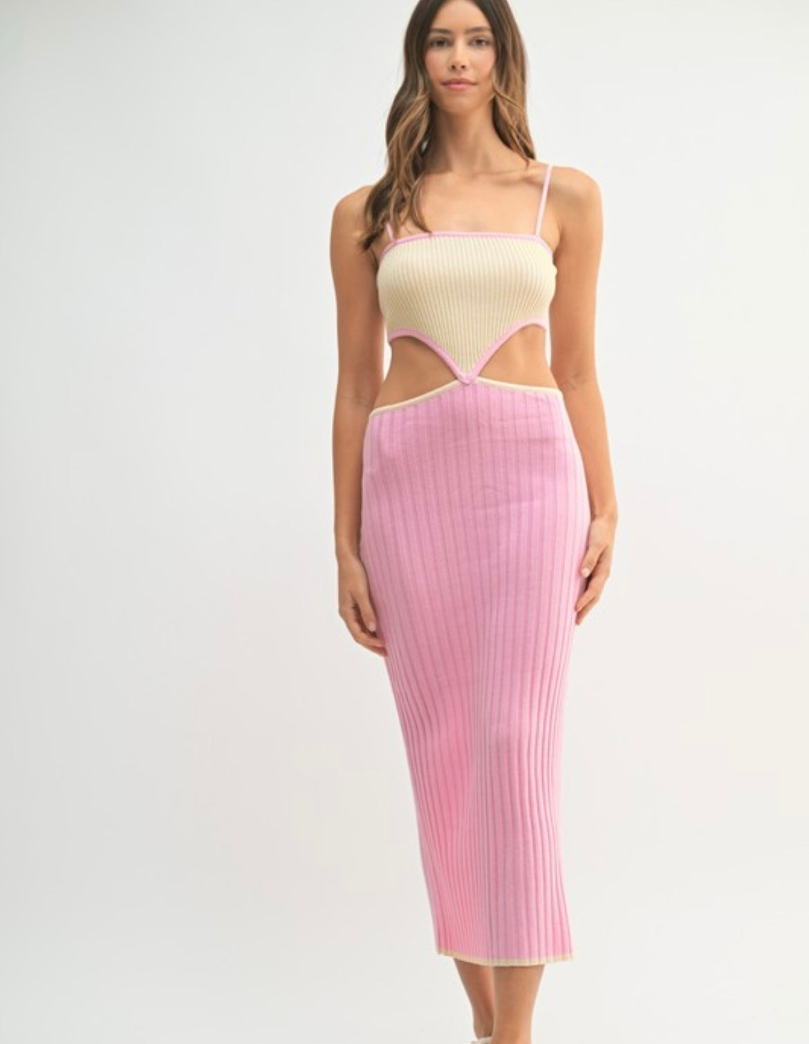 Knit Cut Out Dress in Pink/Beige