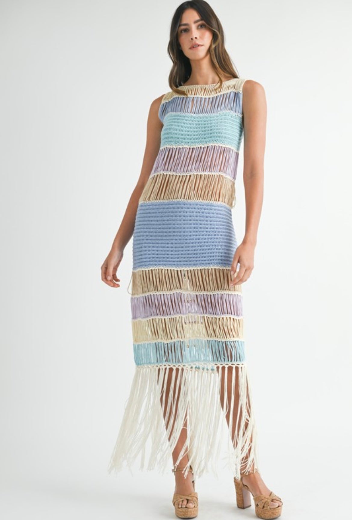 Fringed Crochet Dress in Blue
