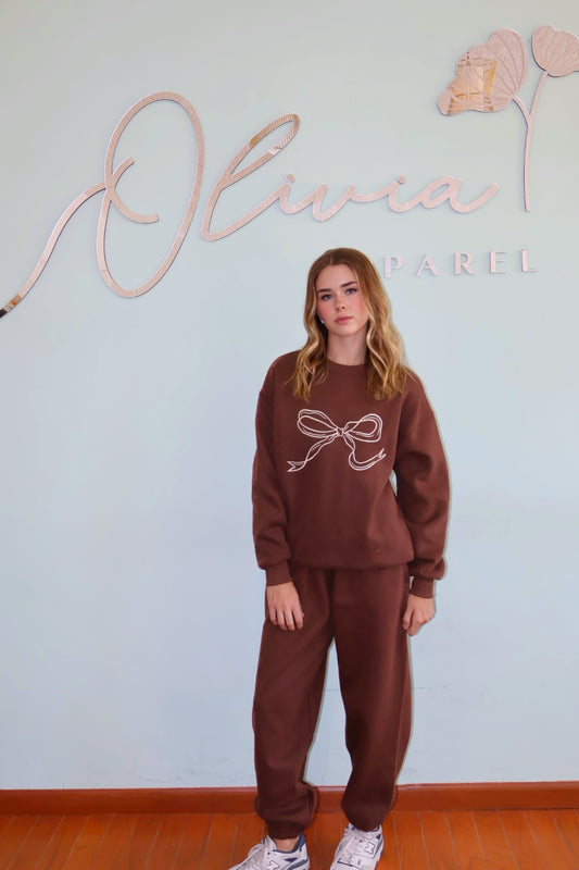 Ribbon Pullover and Pants Set in Brown