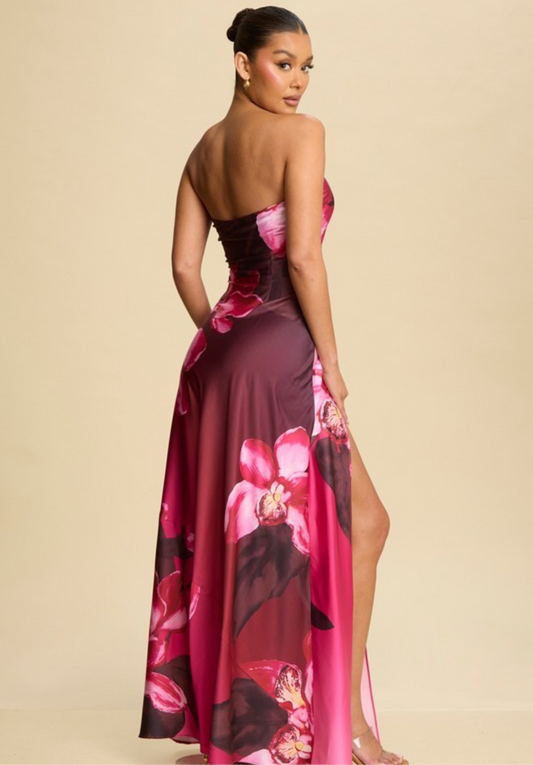 Strapless Floral Satin Dress in Pink
