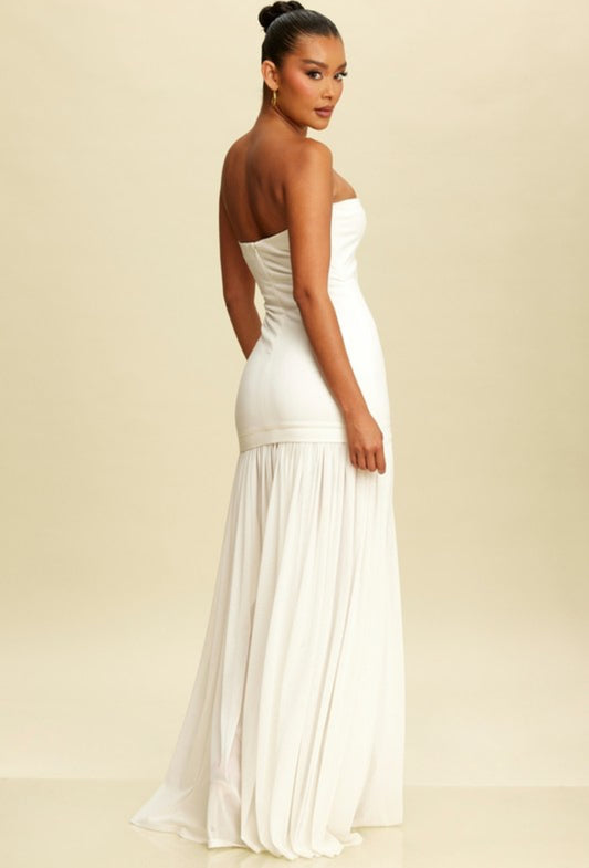 Strapless Dress with Flowy Skirt in White