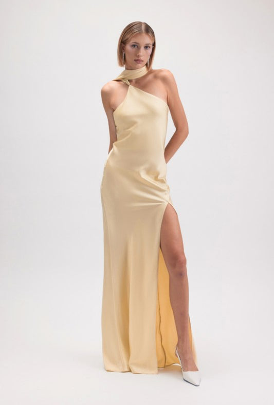 Assymetric Scarf Dress in Butter Yellow