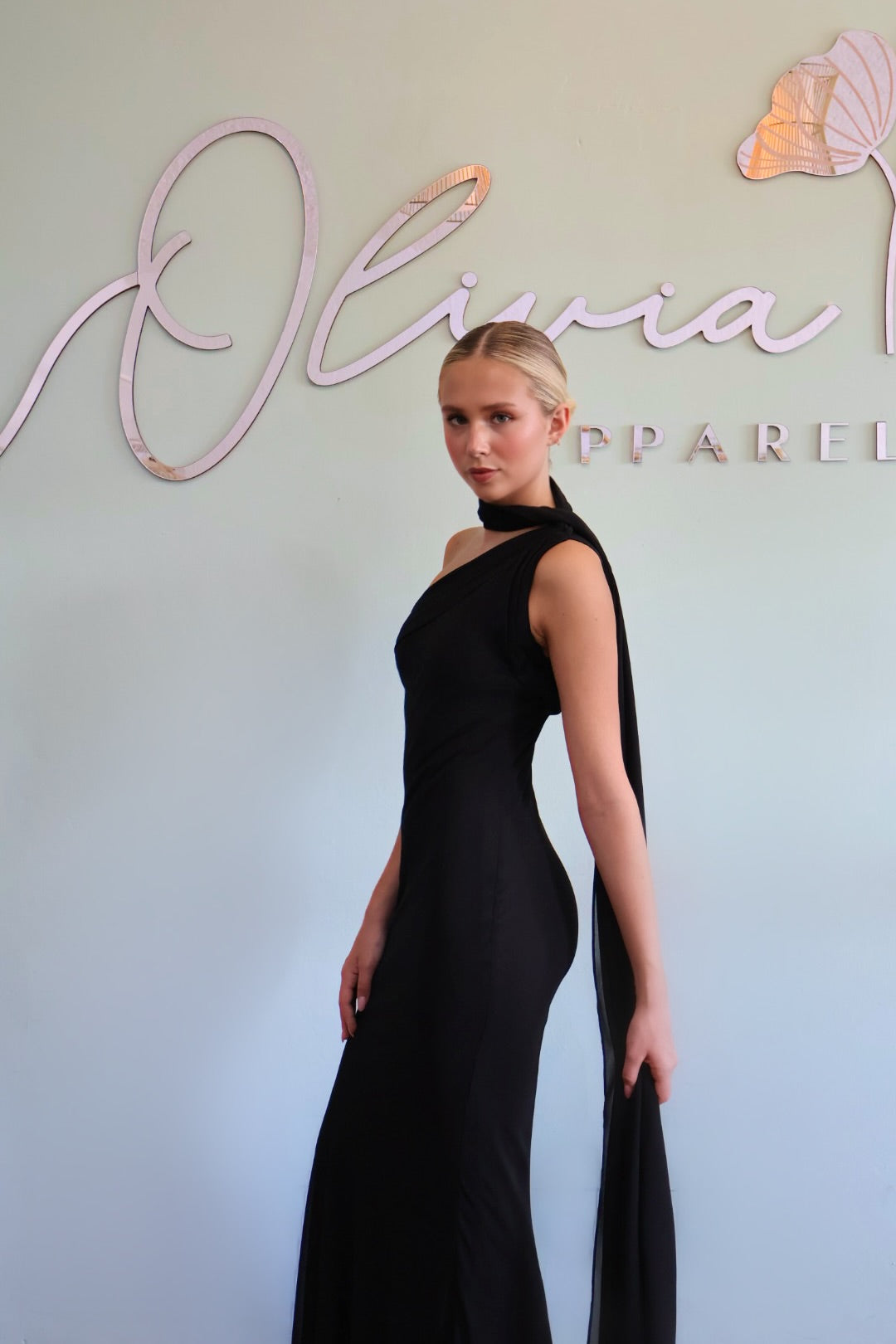One Shoulder Gown in Black