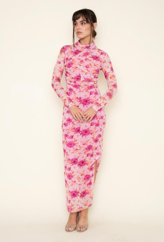 Mesh Turtleneck Flower Dress in Pink