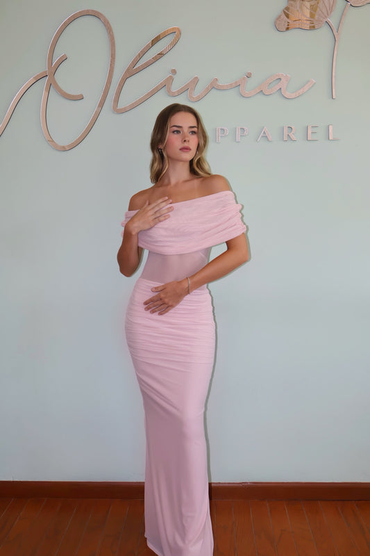 Ruched One Shoulder Dress in Baby Pink