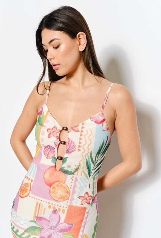 Fruit and Flower Print Mesh Dress