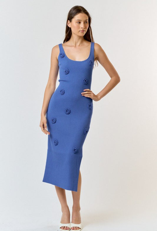 Blue Knit Dress with Flower Details