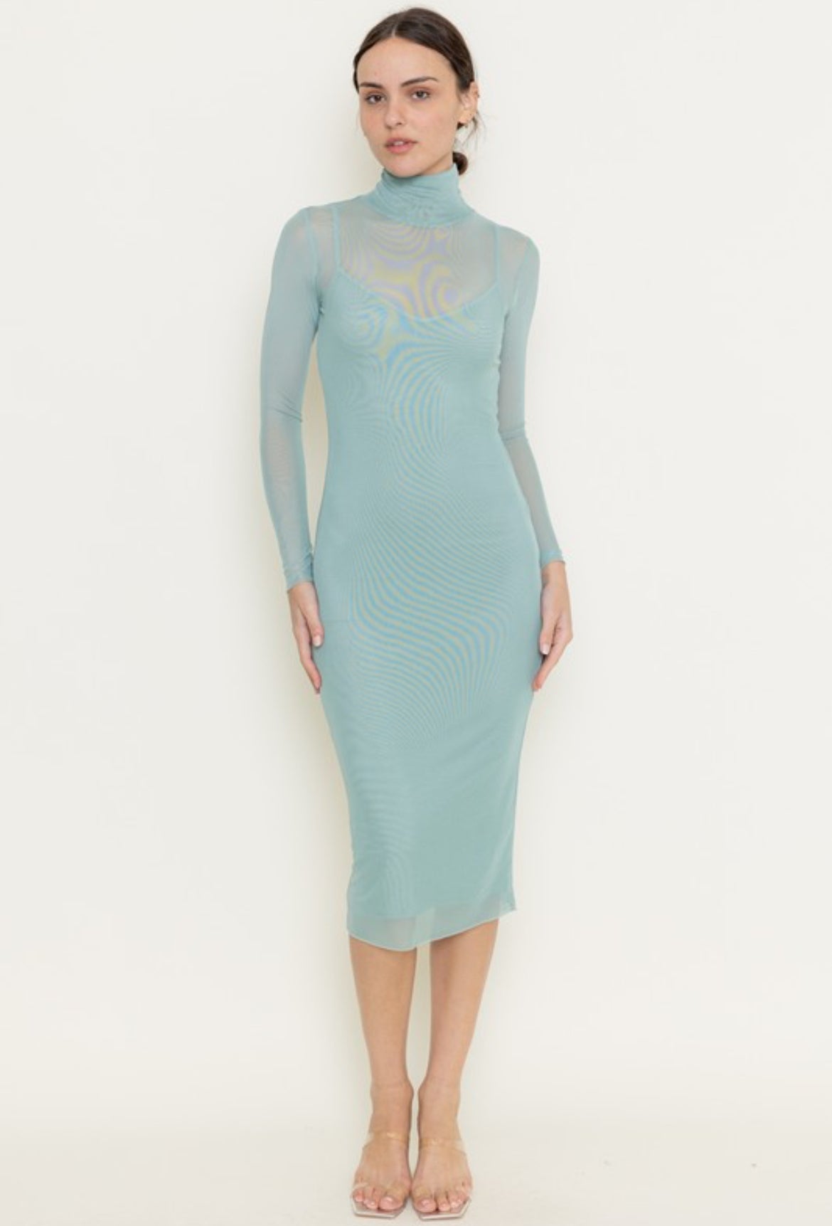 Mock Neck Mesh Midi Dress in Mint