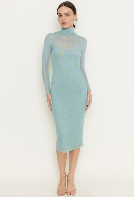 Mock Neck Mesh Midi Dress in Mint