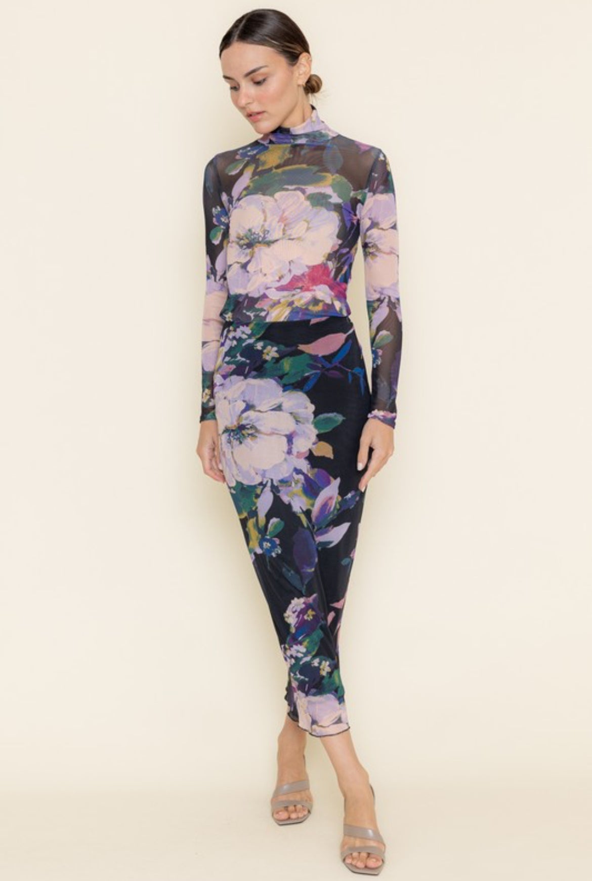 See Through Flower Top and Long Skirt Set