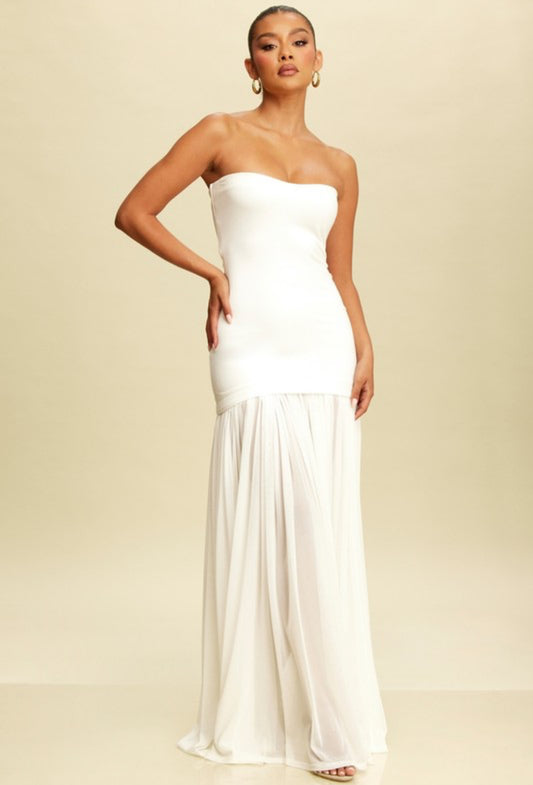 Strapless Dress with Flowy Skirt in White