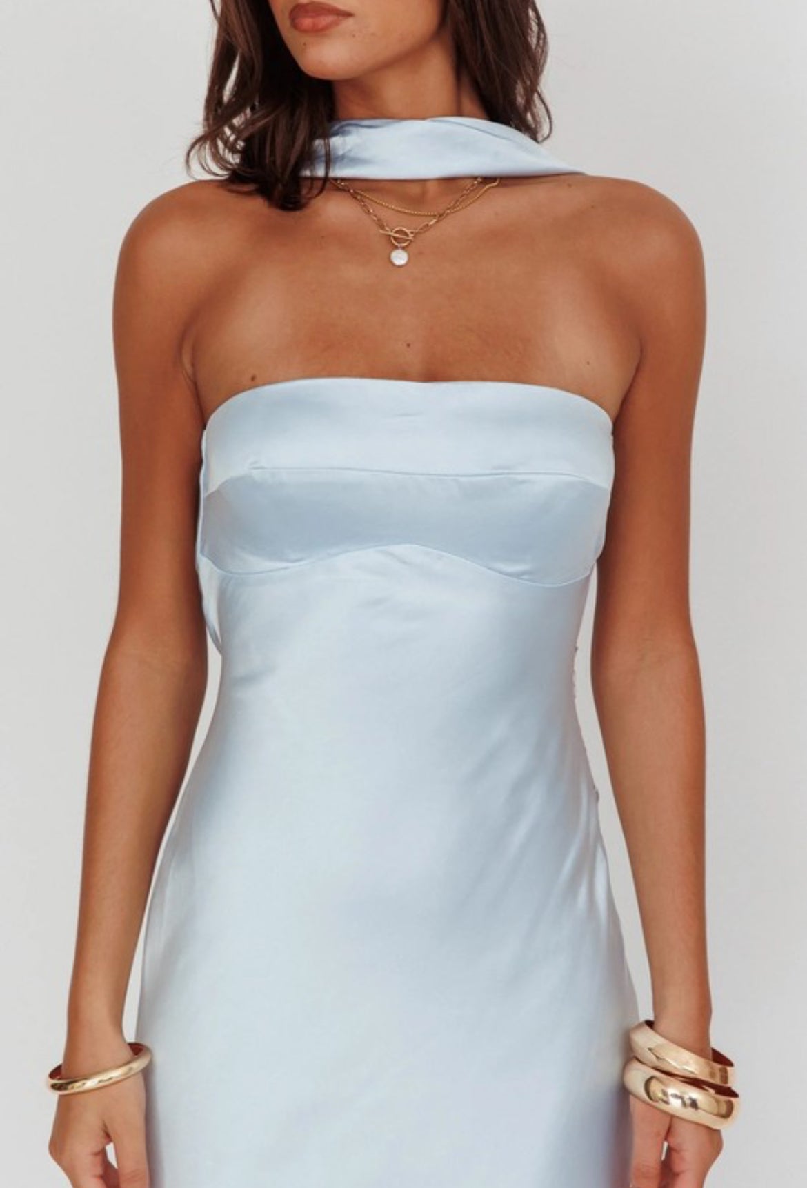 Mock Neck Satin Dress in Baby Blue
