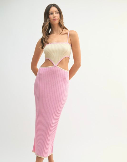 Knit Cut Out Dress in Pink/Beige