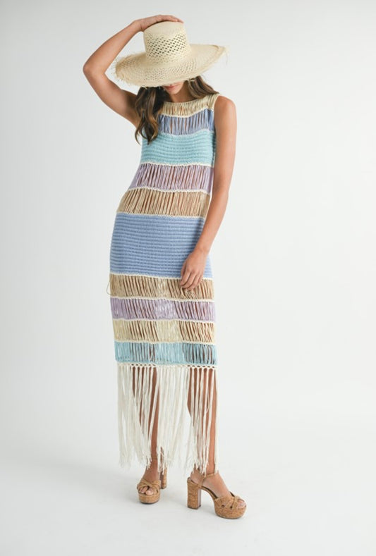 Fringed Crochet Dress in Blue