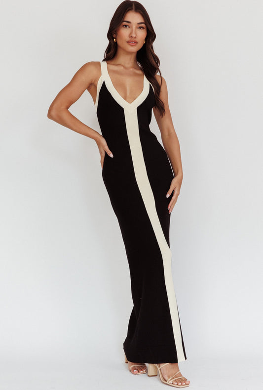 Two Tone Knit Maxi Dress Beige Stripe
