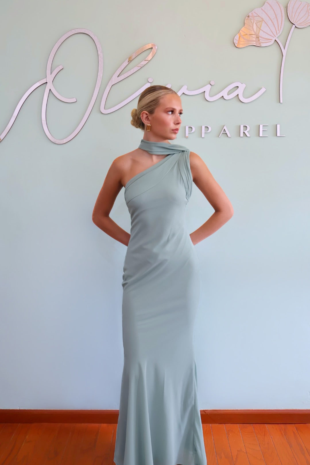 One Shoulder Gown in Sage