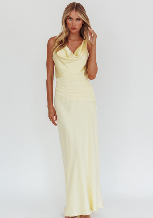 Open Back Satin Dress in Butter Yellow