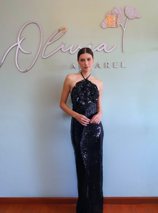 Black Sequin Dress with Flower