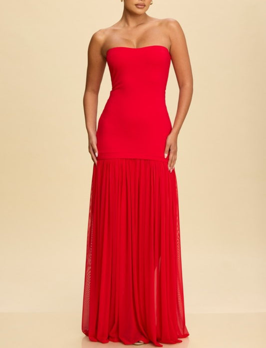 Strapless Tube Dress with Flowy Skirt in Red