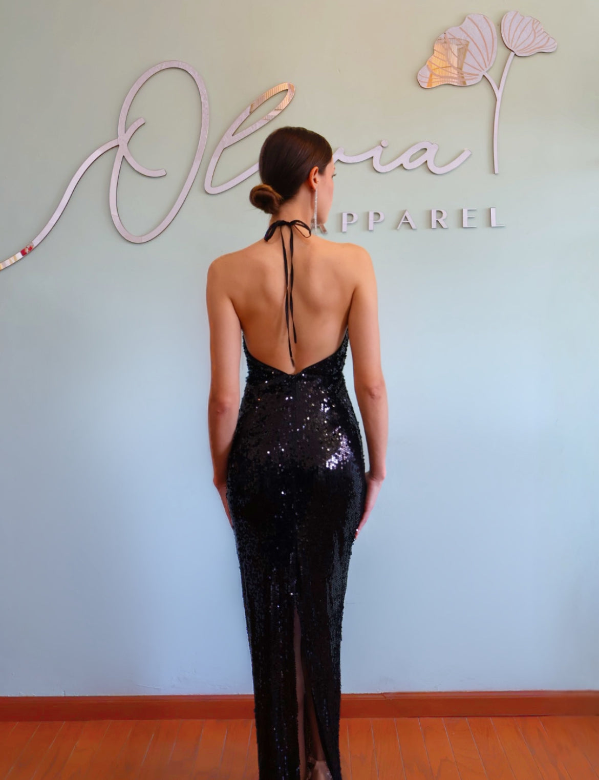 Black Sequin Dress with Flower