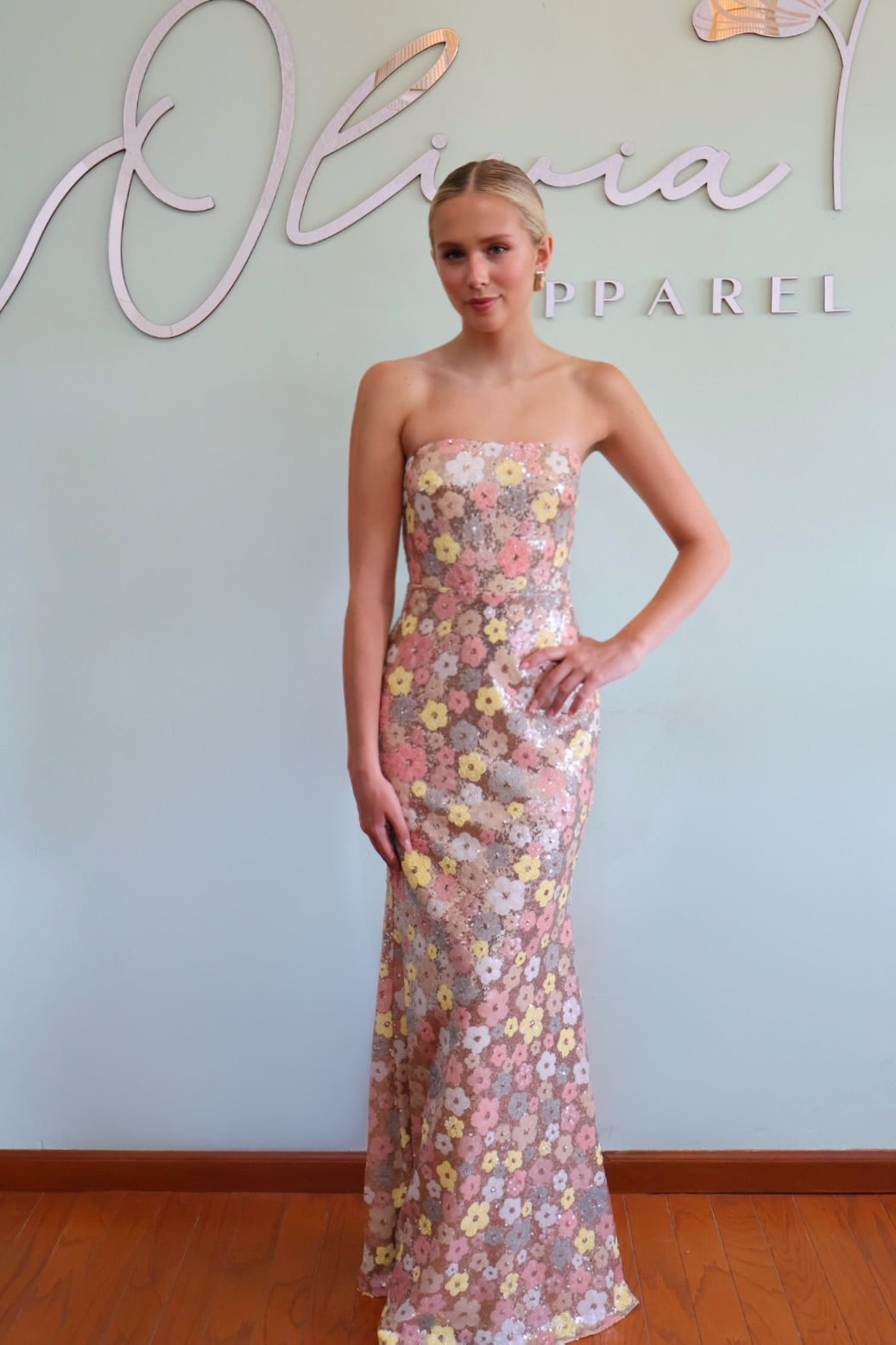 Strapless Flower Sequin Gown