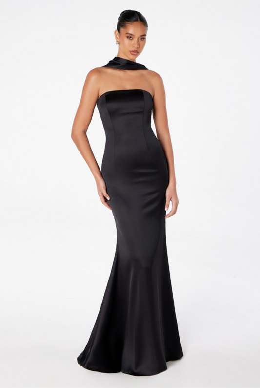 Strapless Satin Dress with Scarf in Black
