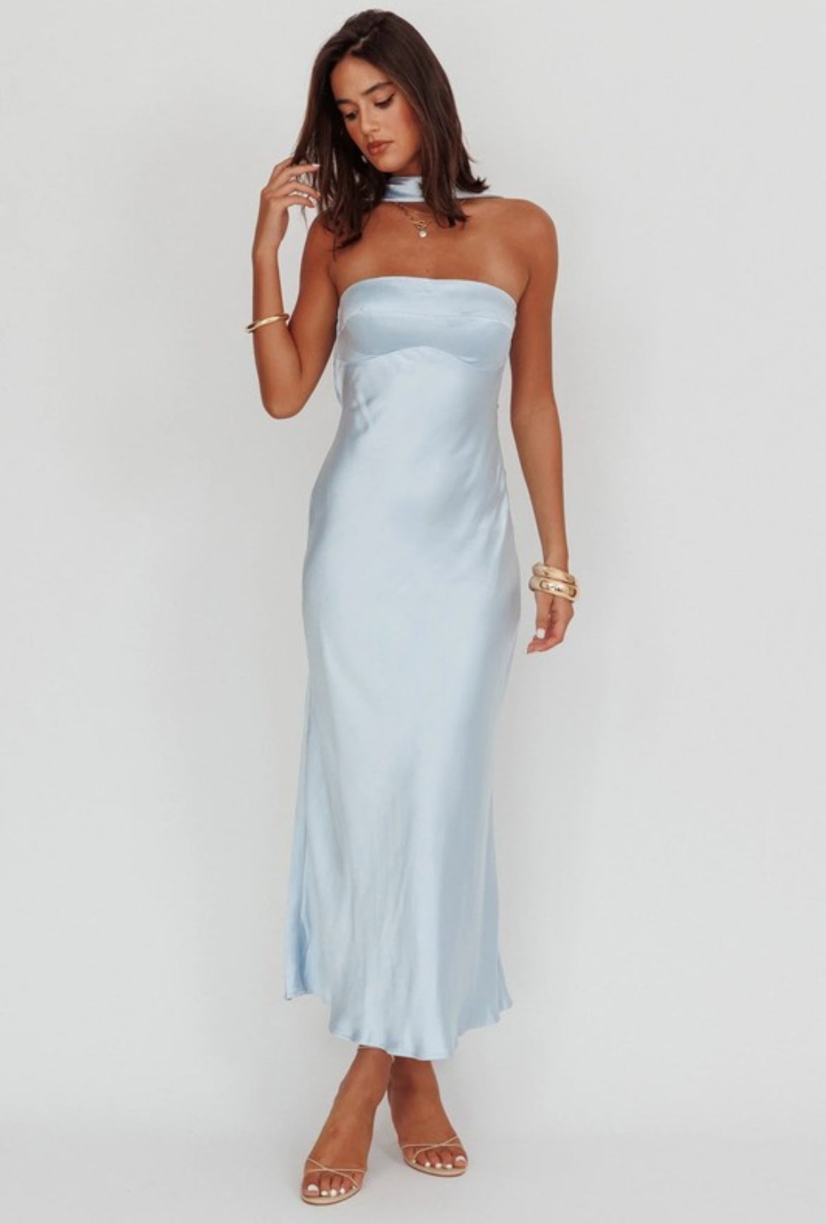 Mock Neck Satin Dress in Baby Blue
