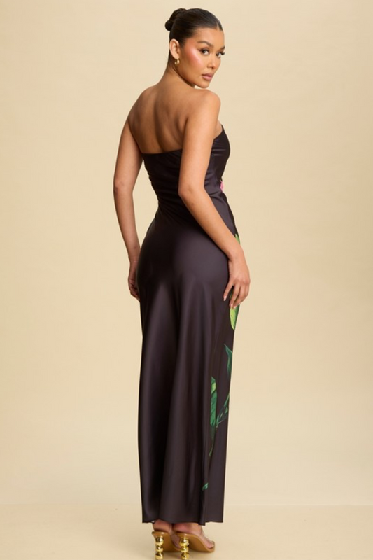 Satin Strapless Floral Dress in Black