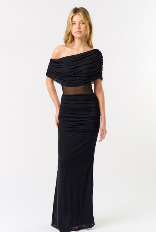 Ruched Strapless with See Through Detail Dress in Black