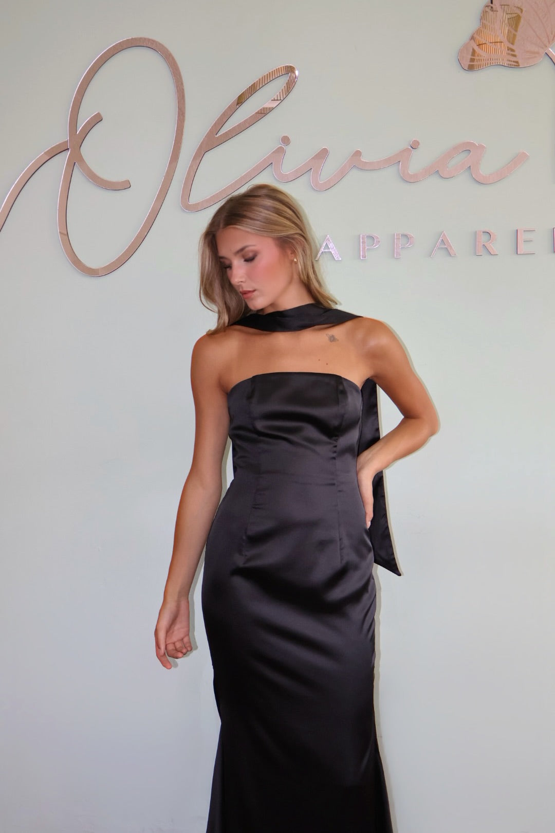 Strapless Satin Dress with Scarf in Black