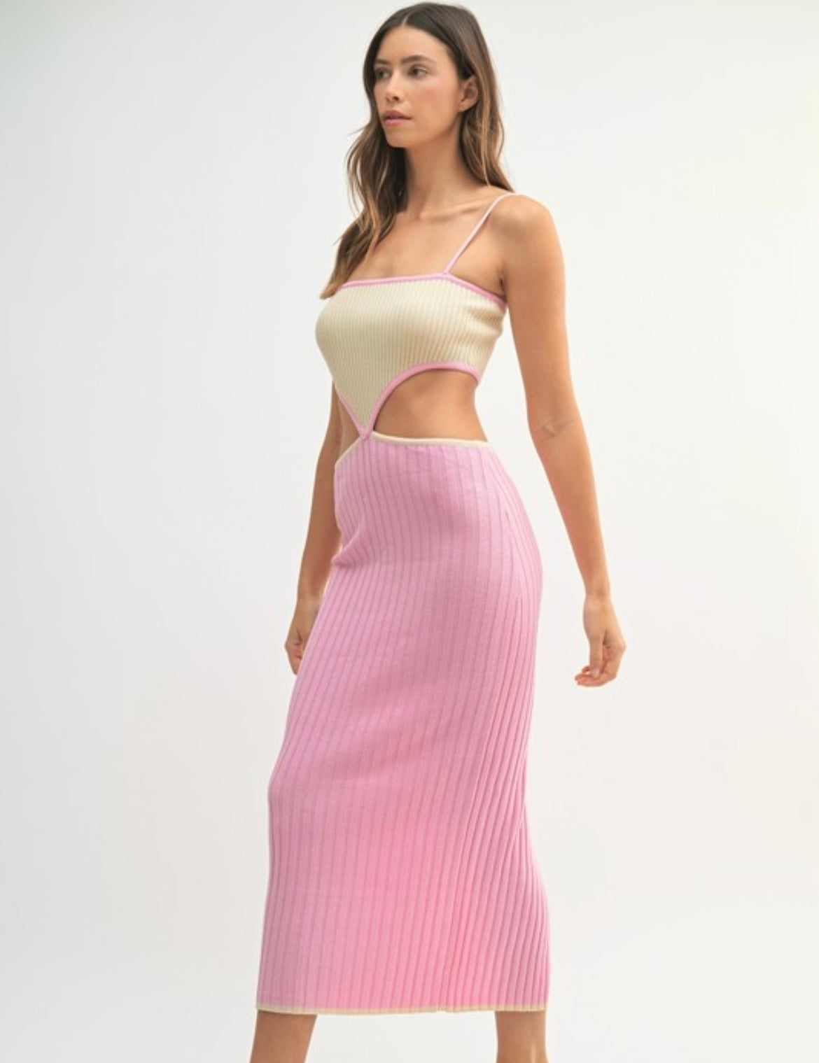 Knit Cut Out Dress in Pink/Beige